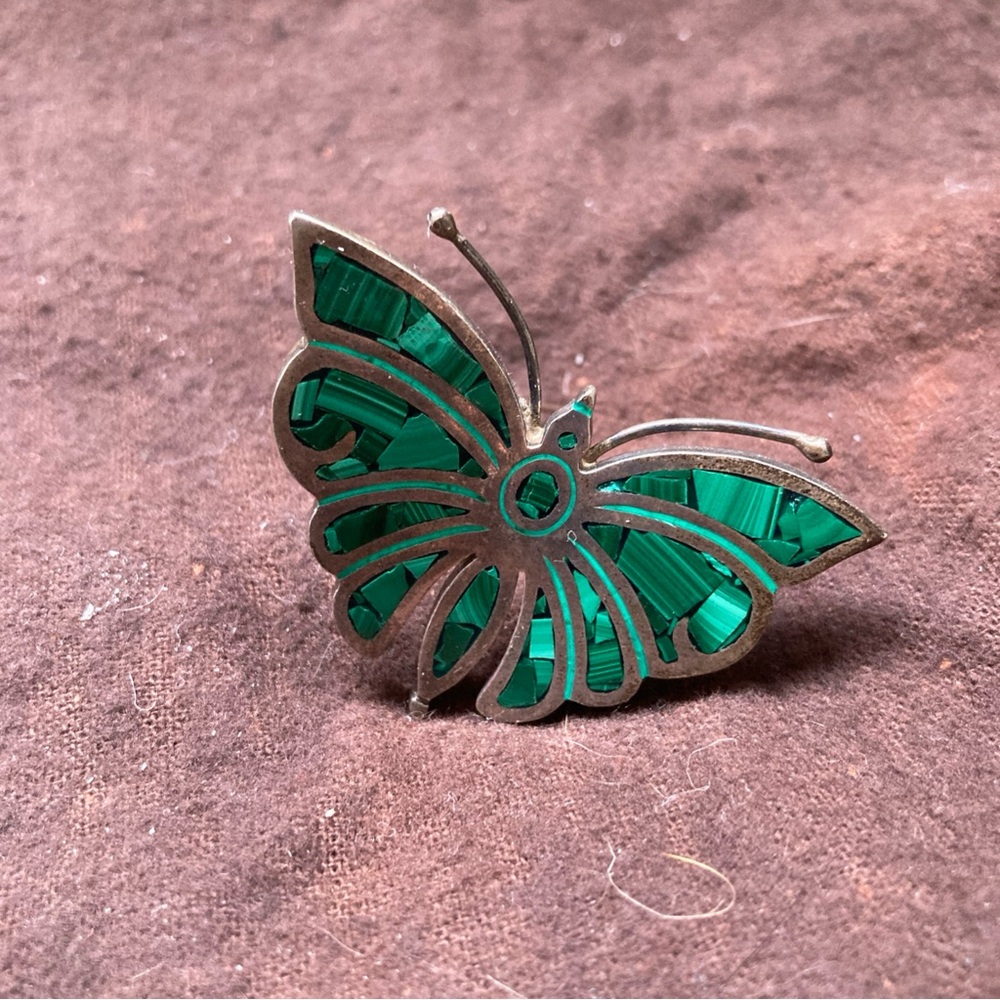 Elegant Green Malachite Butterfly Sterling Silver Brooch